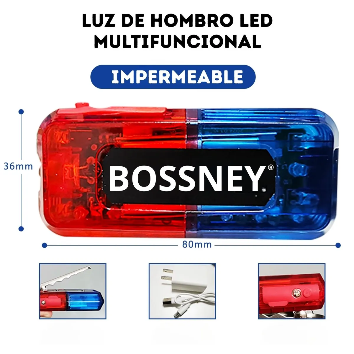 GENERICO - Luz policial hombro LED rojo azul recargable impermeable IP65