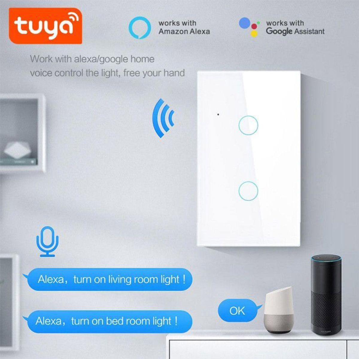 TUYA - Interruptor Táctil Blanco Wifi Inteligente 2 Canales Tuya-Wt-U2 +APP