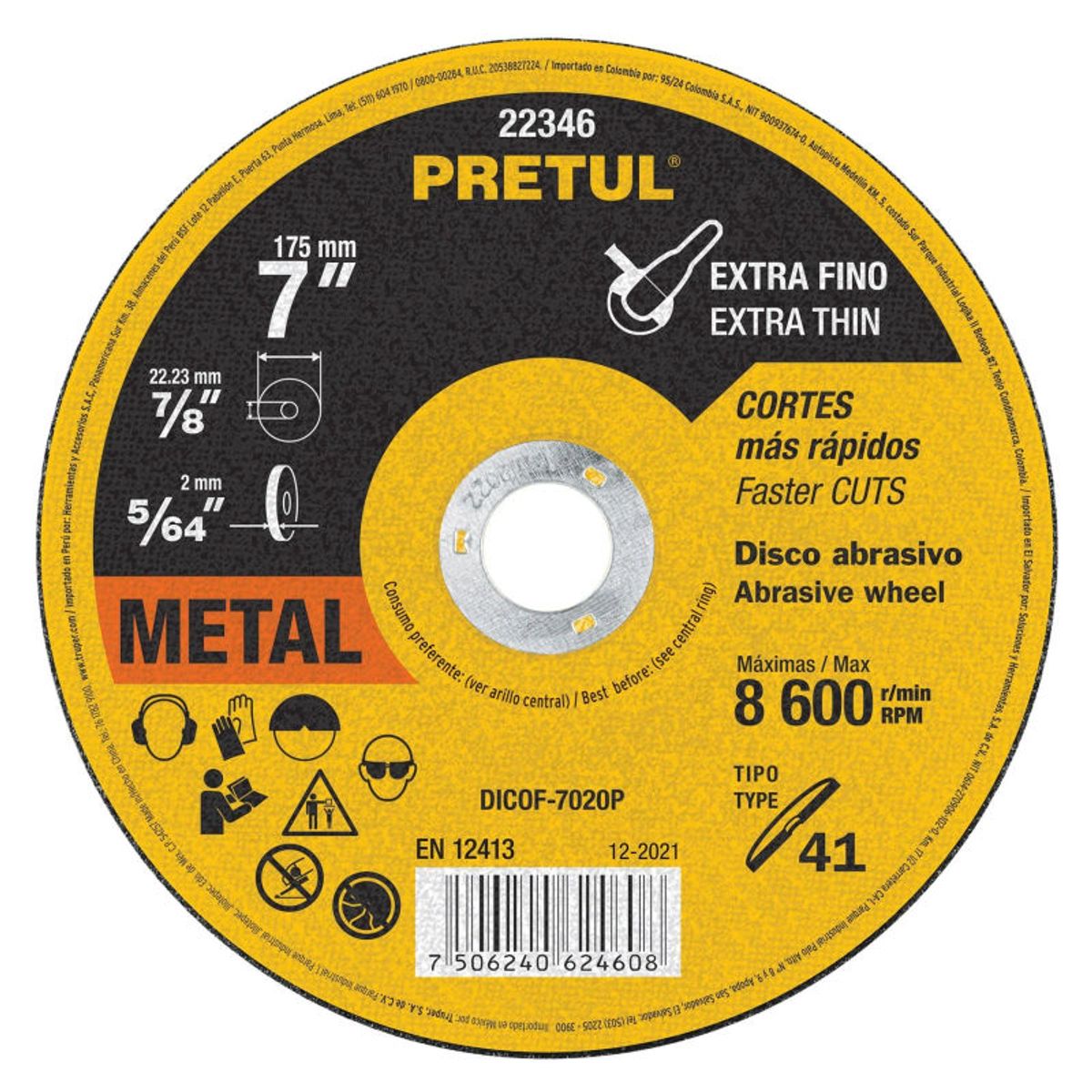 PRETUL - Disco Tipo 41 de 7 x 2 mm corte fino de metal Pretul - 22346