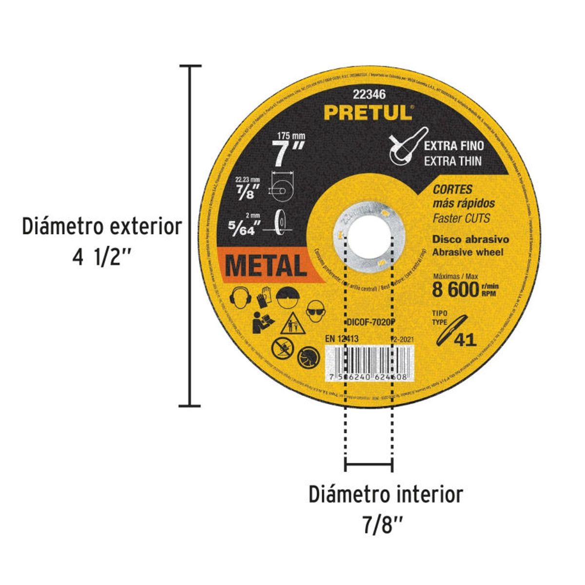 PRETUL - Disco Tipo 41 de 7 x 2 mm corte fino de metal Pretul - 22346