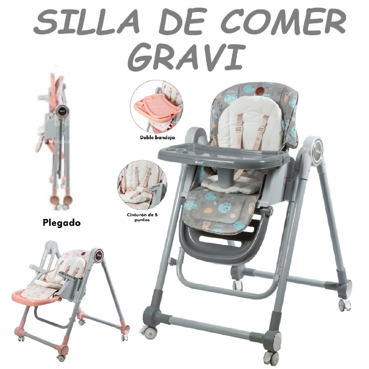 EBABY - Nueva silla de Comer Regulable Mecedora Gravy -Gris