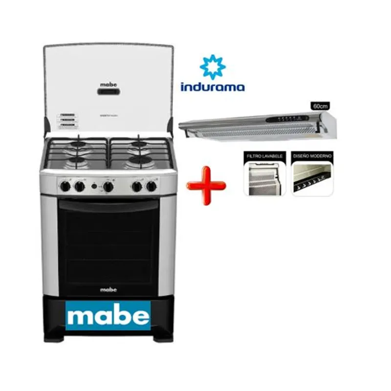 MABE - COCINA MABE CMP6014AG0 4 QUEMADORES SILVER + campana indurama