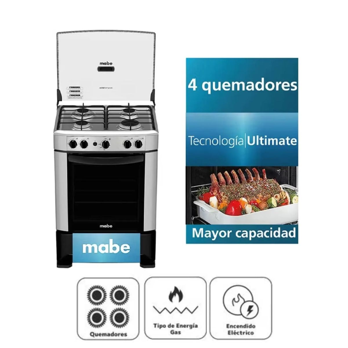 MABE - COCINA MABE CMP6014AG0 4 QUEMADORES SILVER + campana indurama