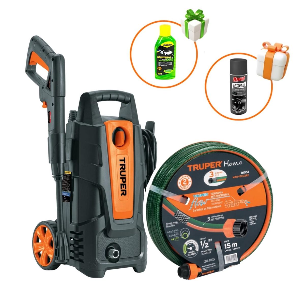 TRUPER - Hidrolavadora Eléctrica 1500PSI Truper + Manguera 15m + Shampu + Silicona
