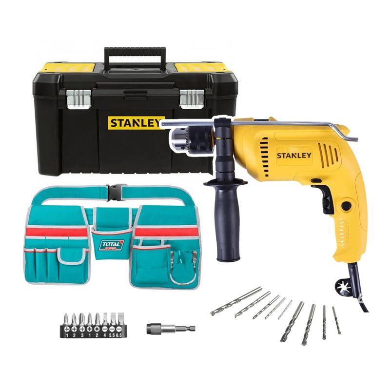 STANLEY - Taladro Percutor 600W + Caja 19 + Kit Brocas y Cinturón Porta herrmienta