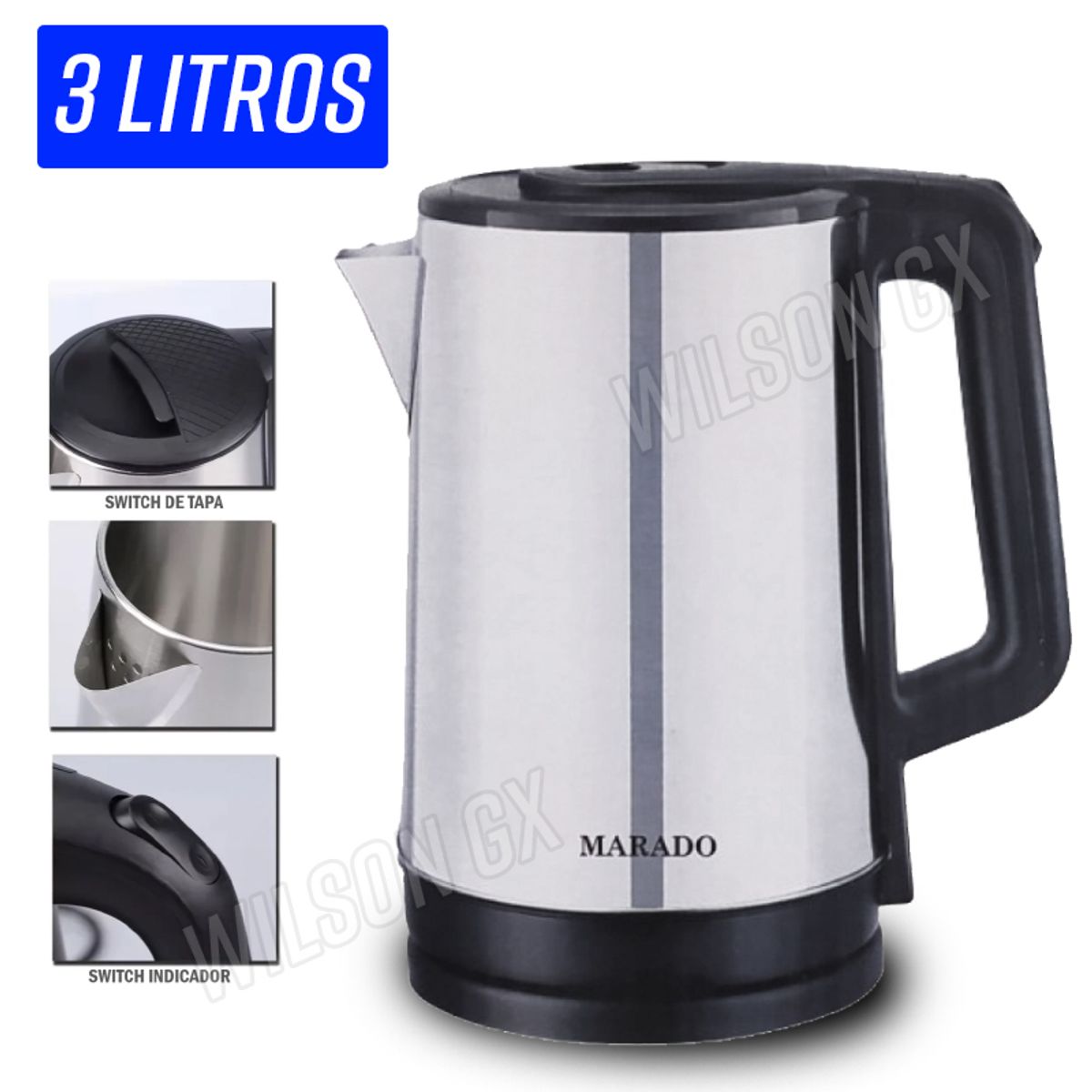 GENERICO - Hervidor de Agua 3 LITROS Grande de Acero Inoxidable Eléctrico