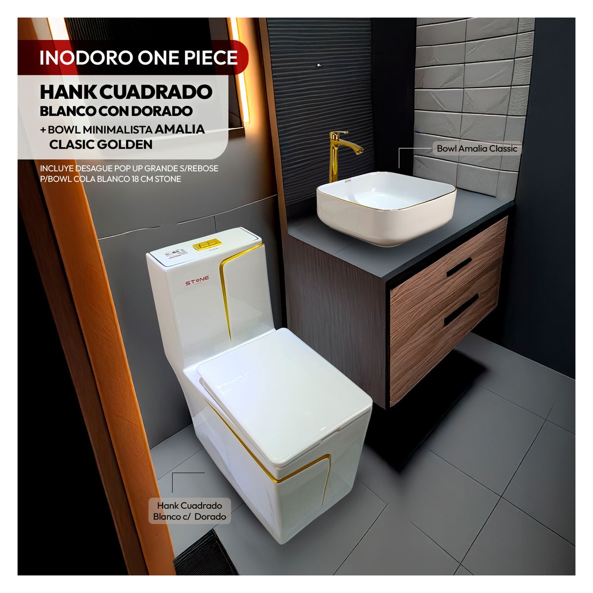 STONE - COMBO HANK CUADRADO BD + BOWL AMALIA CLASIC GOLDEN +DESAGUE POP UP