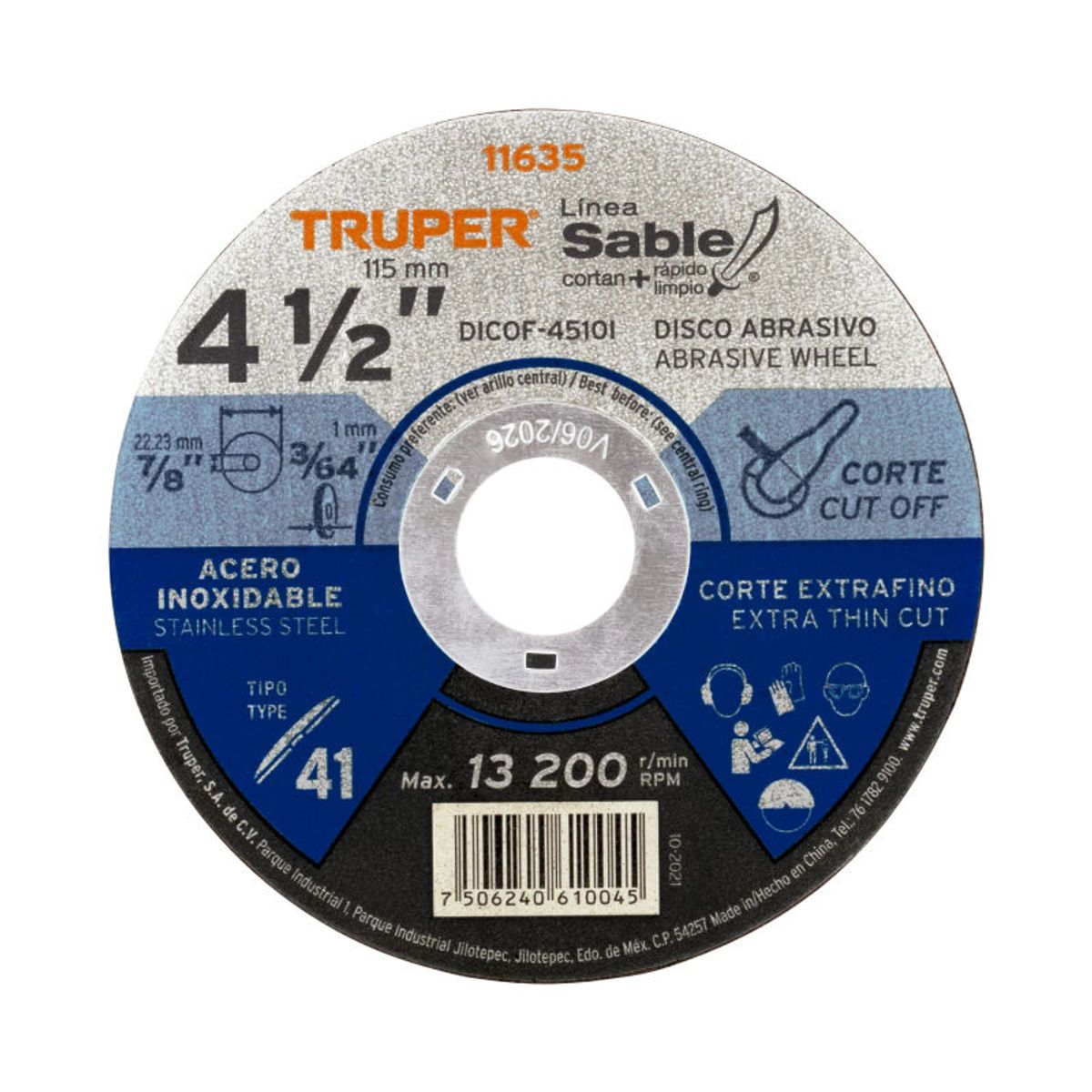 TRUPER - Disco Tipo 41 de 4-12 x 1 mm corte fino acero inox Sable Truper - 11635