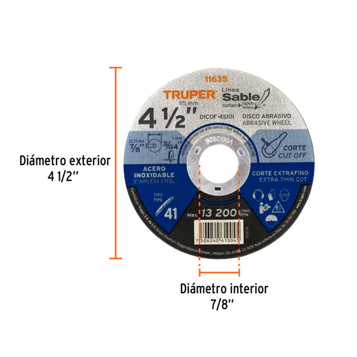 TRUPER - Disco Tipo 41 de 4-12 x 1 mm corte fino acero inox Sable Truper - 11635