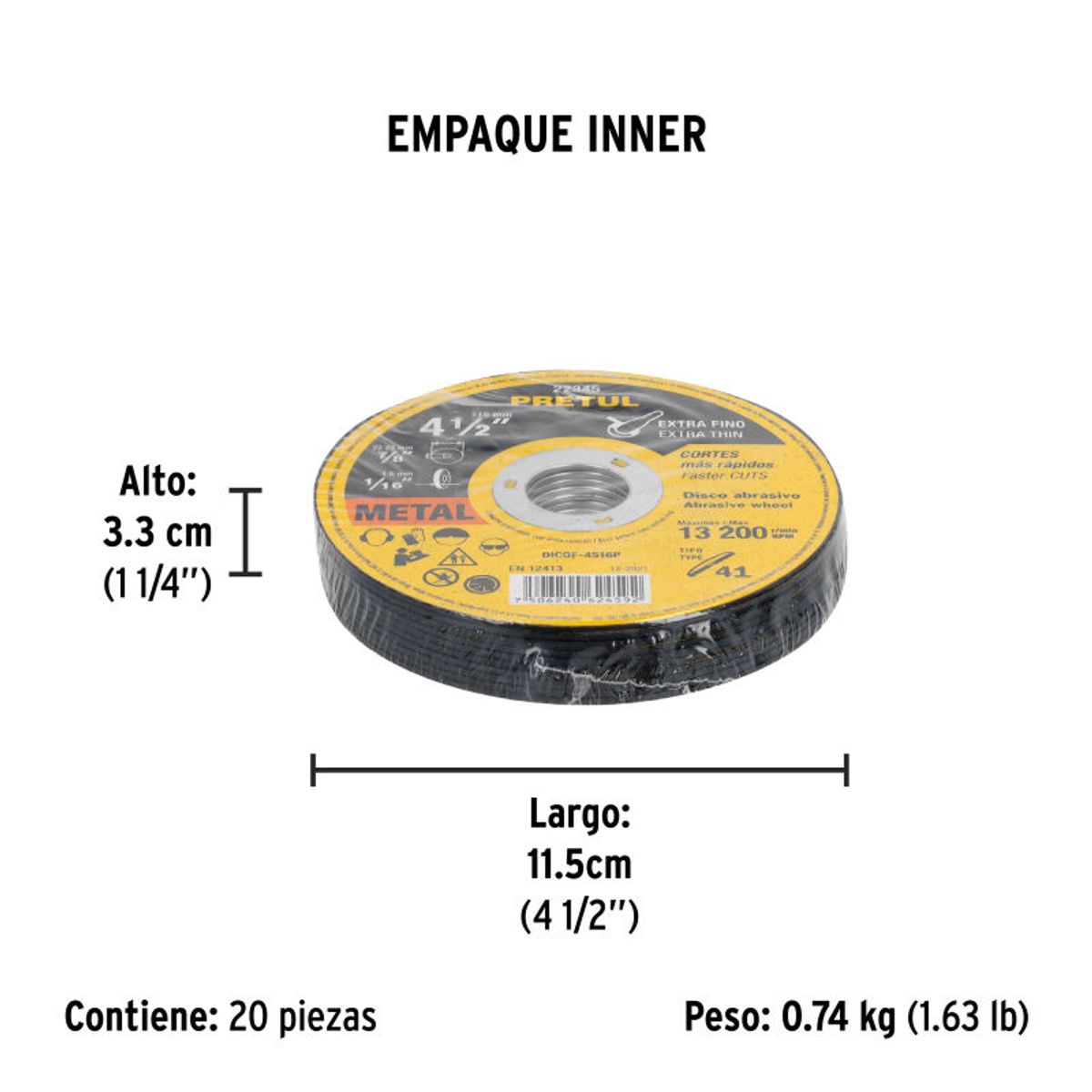 PRETUL - Pack de 20 und Disco Tipo 41 de 4-12 x 16 mm corte fino de metal Pretul - 22345  20 und