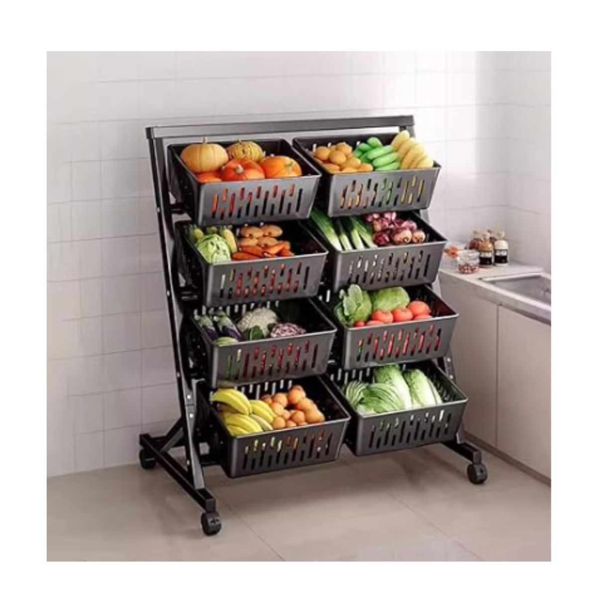 GENERICO - CESTO VERDULERO 4 NIVELES CON 8 COMPARTIMIENTOS NEGRO