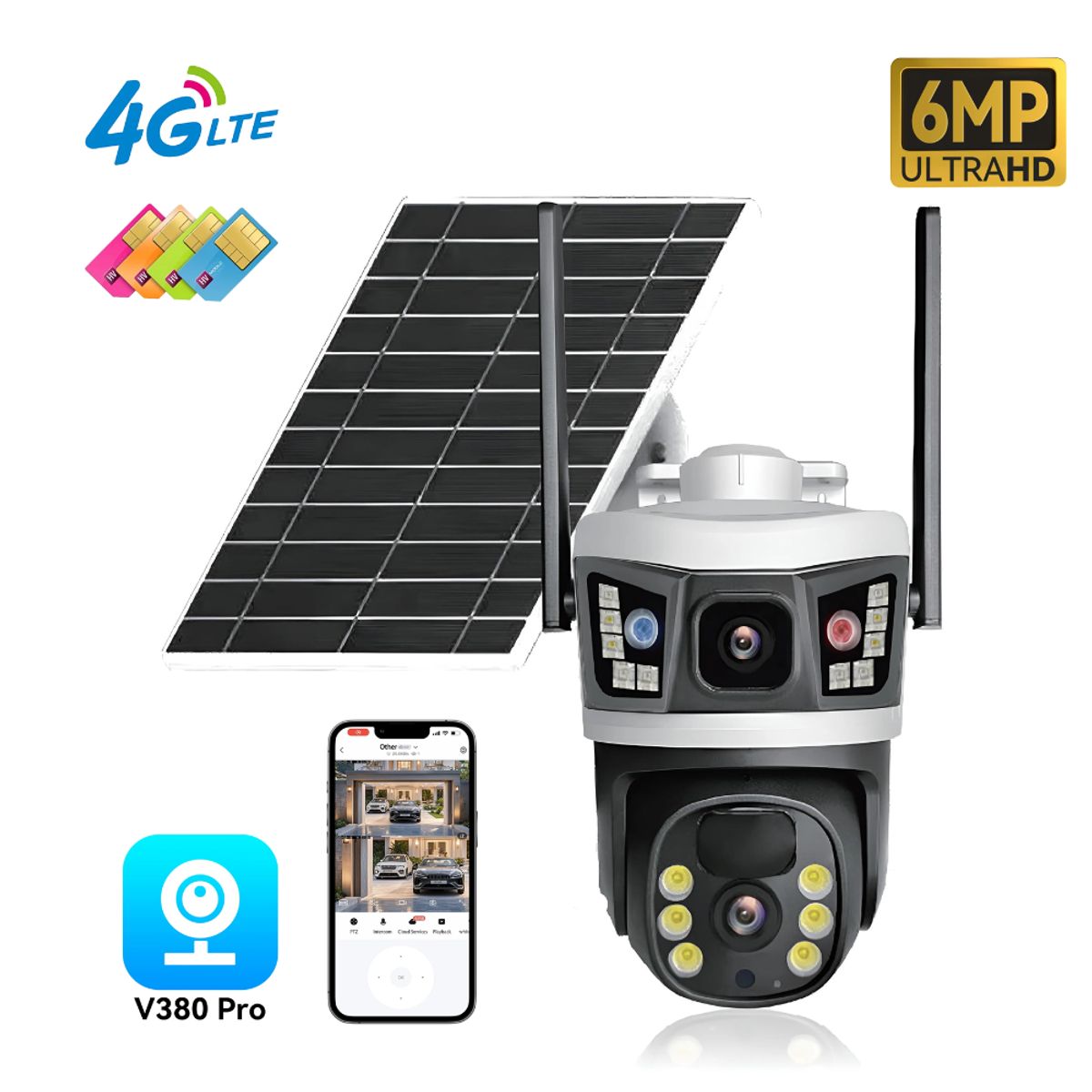 SEISA - Camara Seguridad Ptz Con Chip Panel Solar 2 Lentes FHD