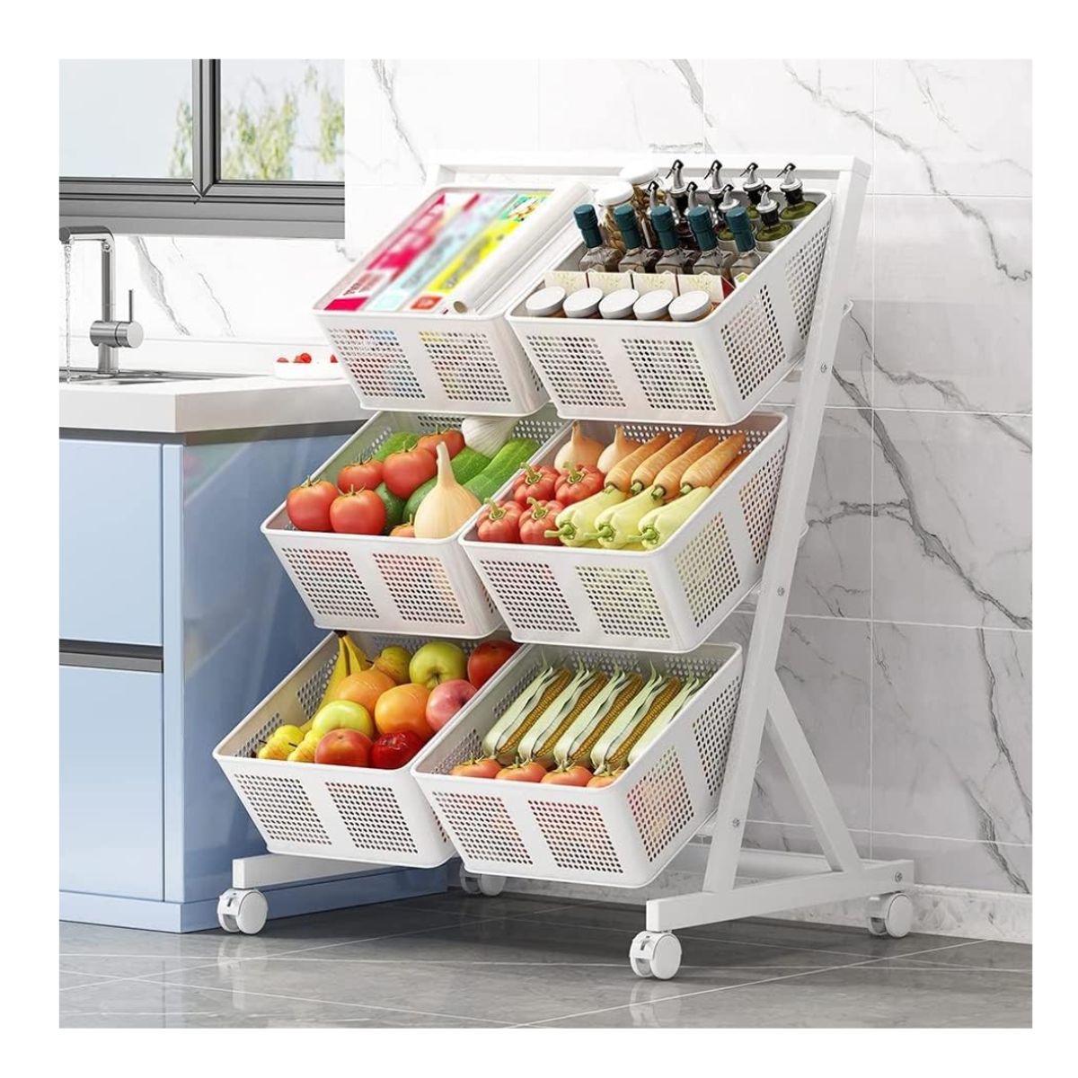 GENERICO - CESTO VERDULERO DE 3 NIVELES CON 6 COMPARTIMIENTOS COLOR BLANCO