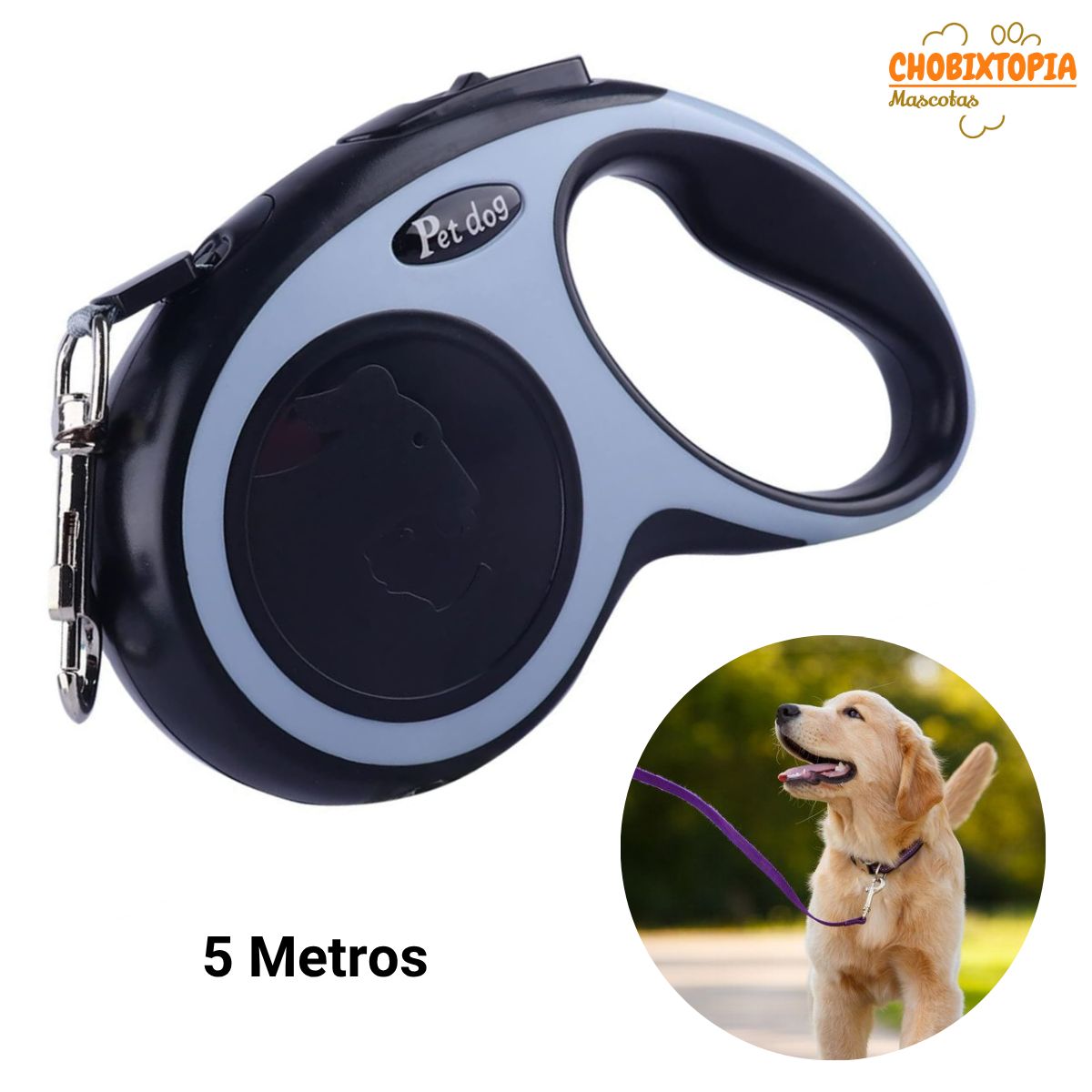 GENERICO - CORREA RETRACTIL DE POLIESTER PARA MASCOTAS NEGRO 5M