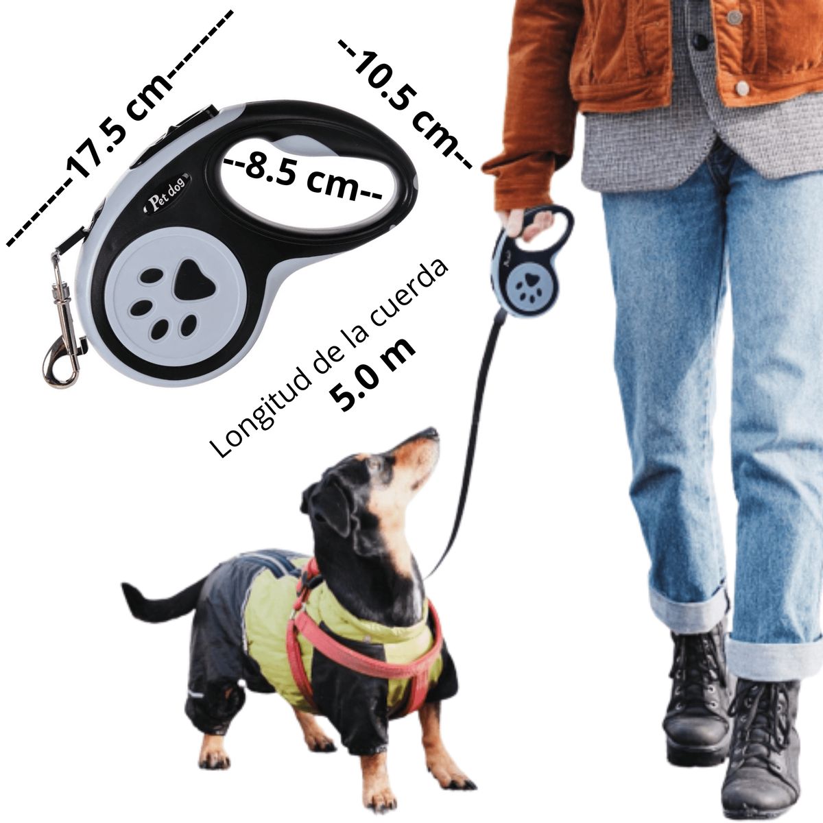 GENERICO - CORREA RETRACTIL DE POLIESTER PARA MASCOTAS NEGRO 5M