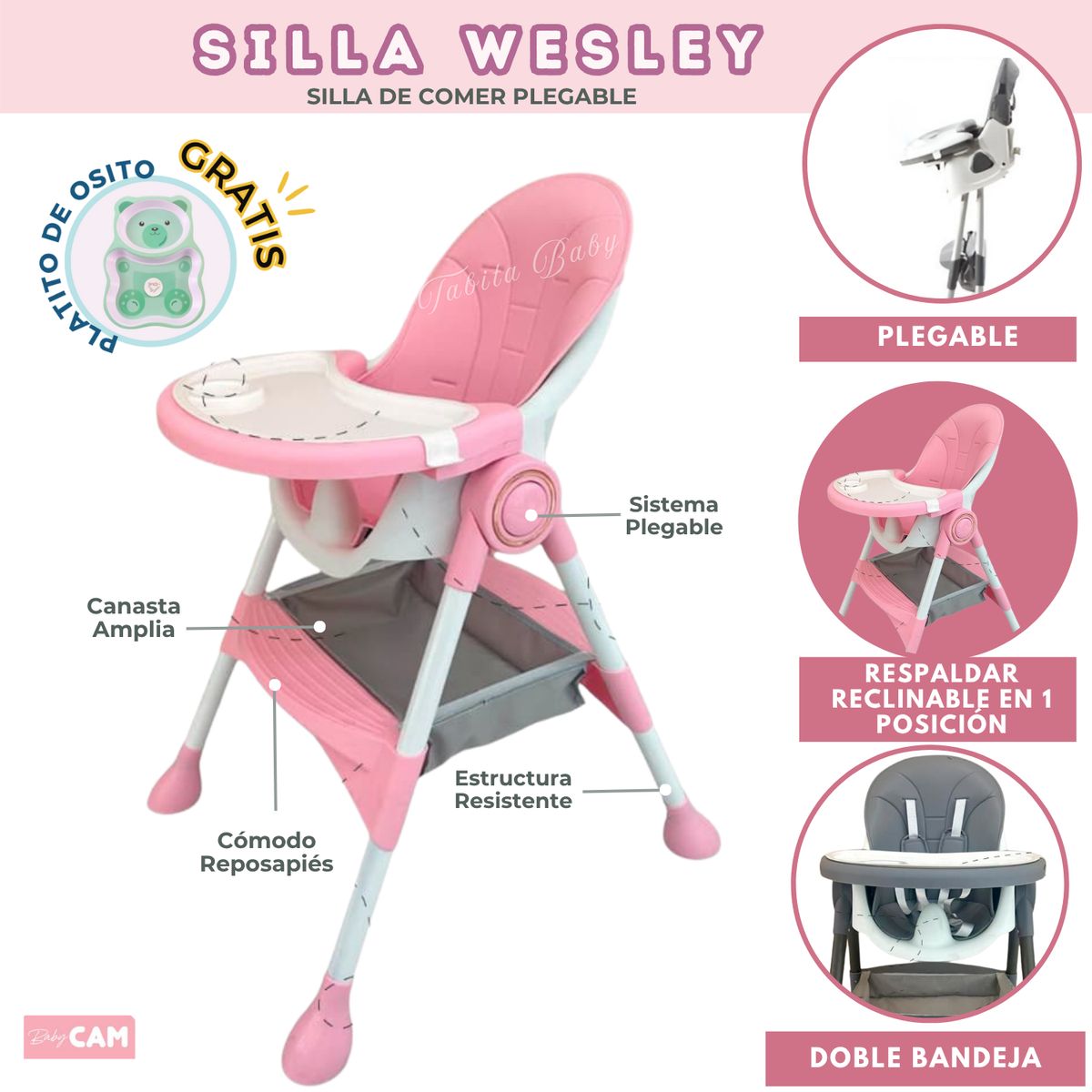 CAM - Silla de comer para bebé Plegable Wesley Rosado