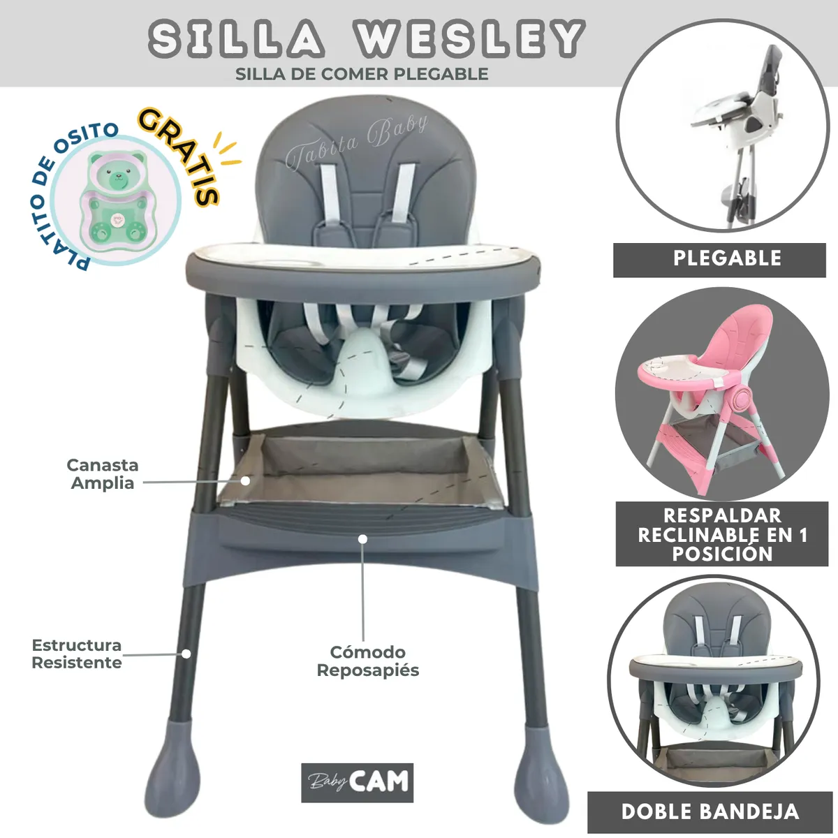 CAM - Silla de comer para bebé Plegable Wesley Gris