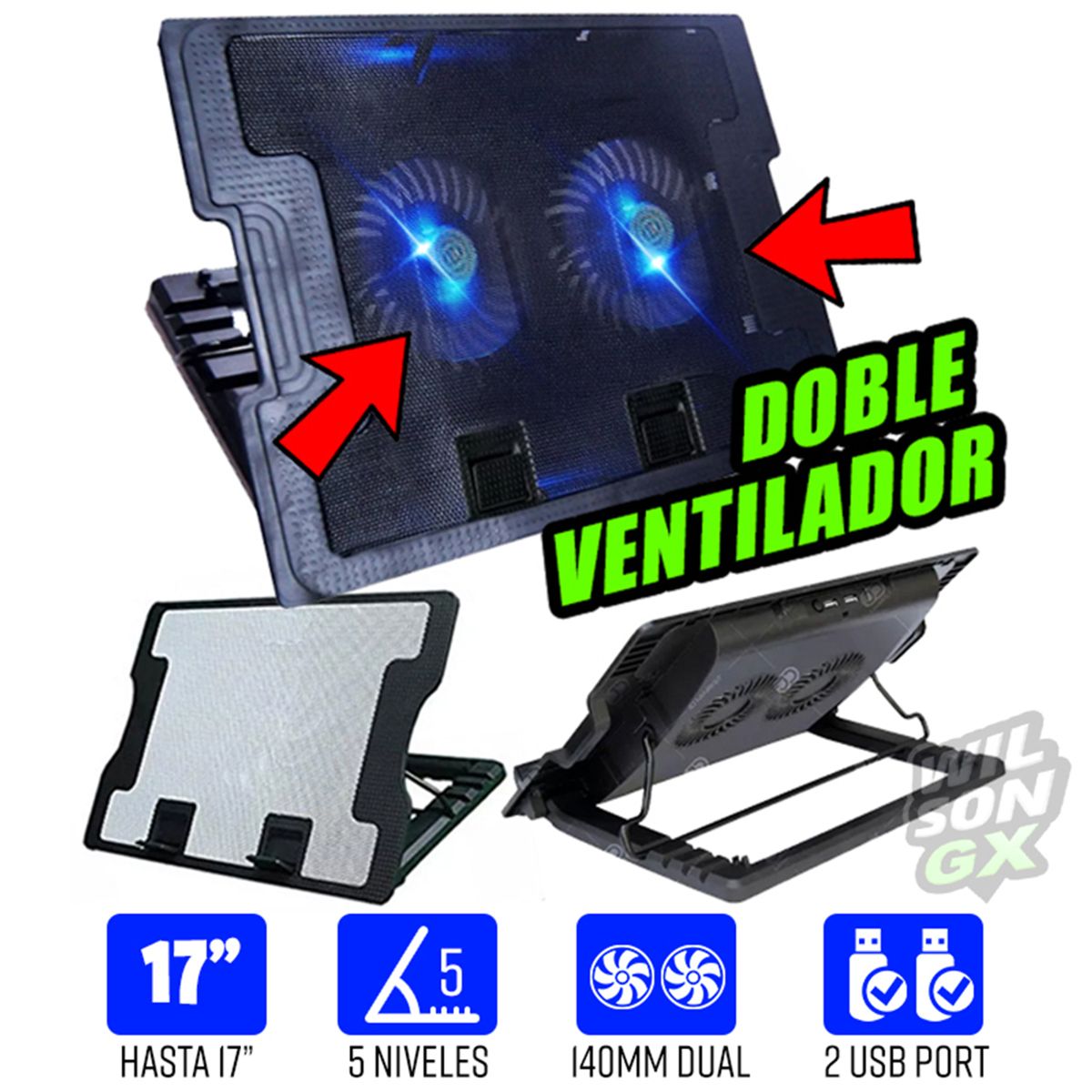 GENERICO - Cooler para Notebook 14 a 17 doble ventilador 2 usb reclinable led laptop