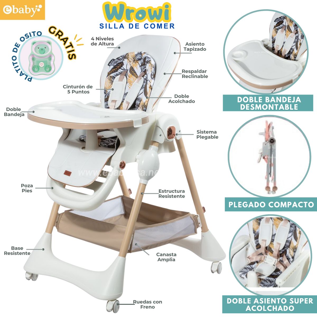 EBABY - Silla de Comer Plegable y Reclinable Wrowi Blanco