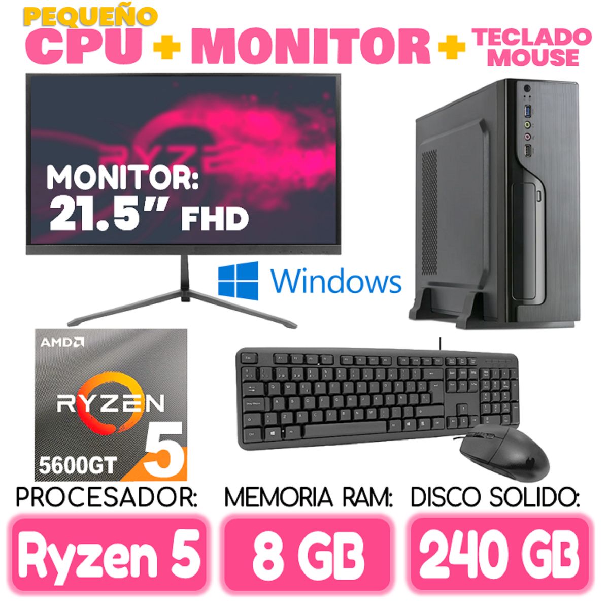AMD - Computadora MINI PC RYZEN 5 5600GT RAM 8Gb SSD 240Gb pequeño Cpu Monitor Teclad