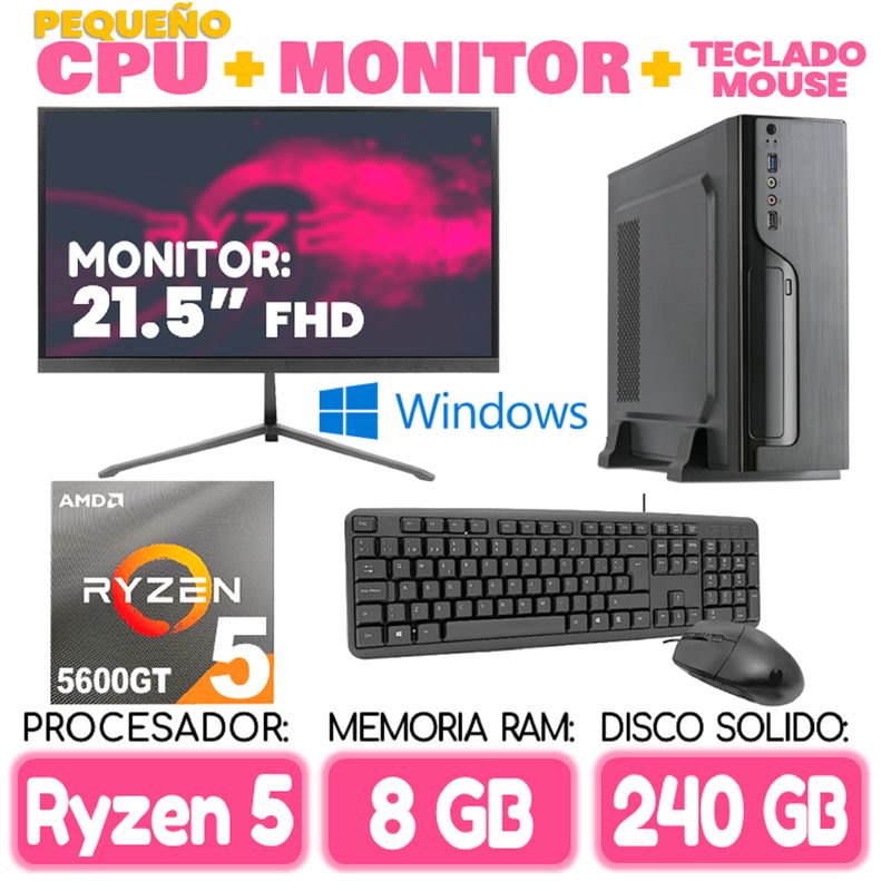AMD - Computadora MINI PC RYZEN 5 5600GT RAM 8Gb SSD 240Gb pequeño Cpu Monitor Teclad