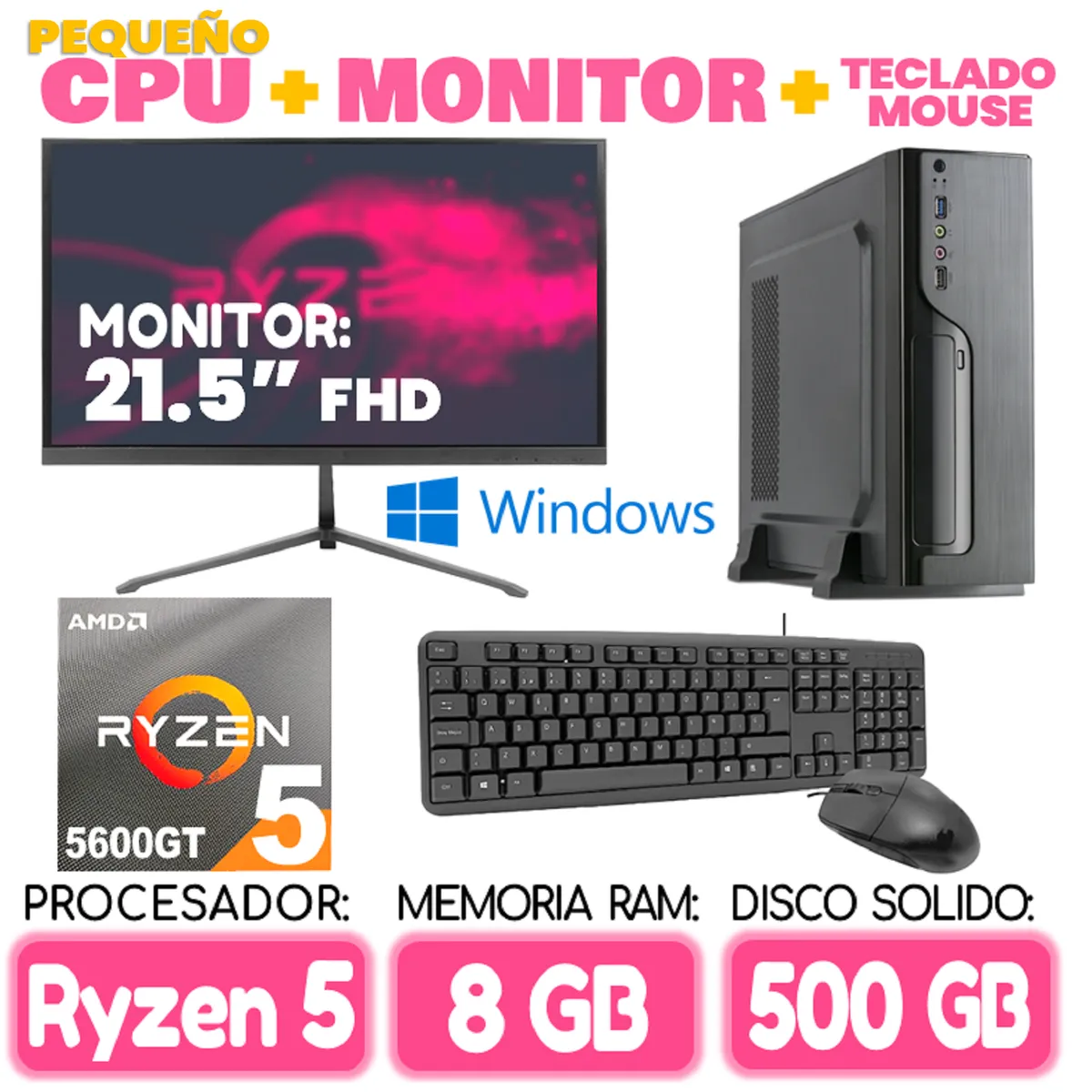 AMD - Computadora MINI PC RYZEN 5 5600GT RAM 8Gb SSD 500Gb pequeño Cpu Monitor Teclado mouse
