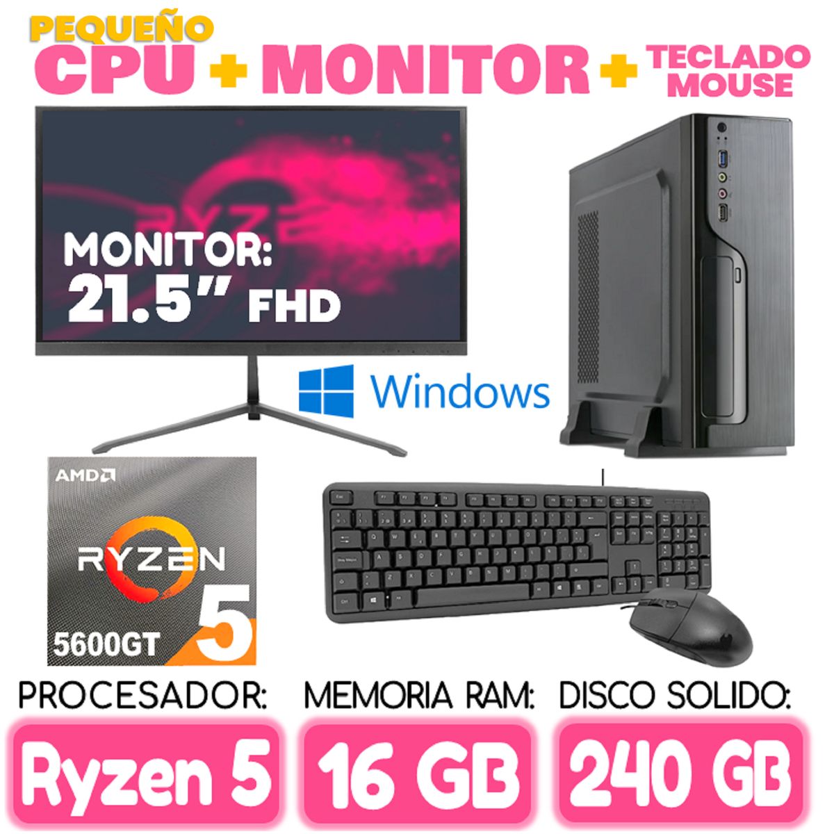 AMD - Computadora MINI PC RYZEN 5 5600GT RAM 16Gb SSD 240Gb pequeño Cpu Monitor Teclado mouse