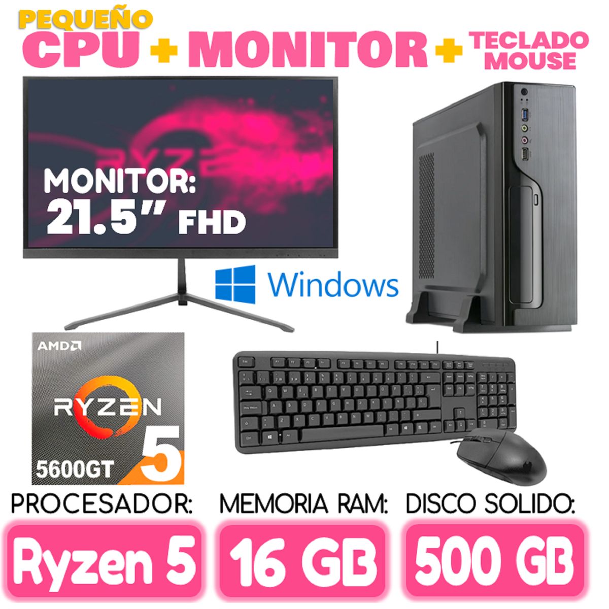 AMD - Computadora MINI PC RYZEN 5 5600GT RAM 16Gb SSD 500Gb pequeño Cpu Monitor Teclado mouse
