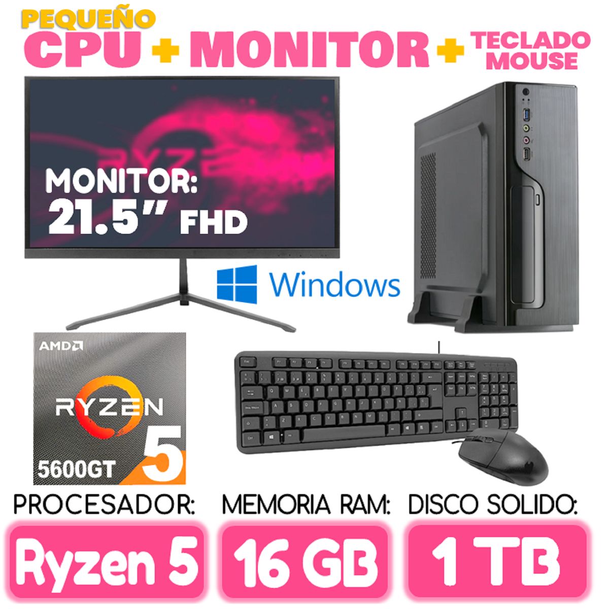 AMD - Computadora MINI PC RYZEN 5 5600GT RAM 16Gb SSD 1TB pequeño Cpu Monitor Teclado