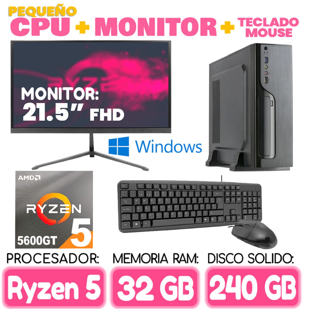AMD - Computadora MINI PC RYZEN 5 5600GT RAM 32Gb SSD 240Gb pequeño Cpu Monitor Tecla