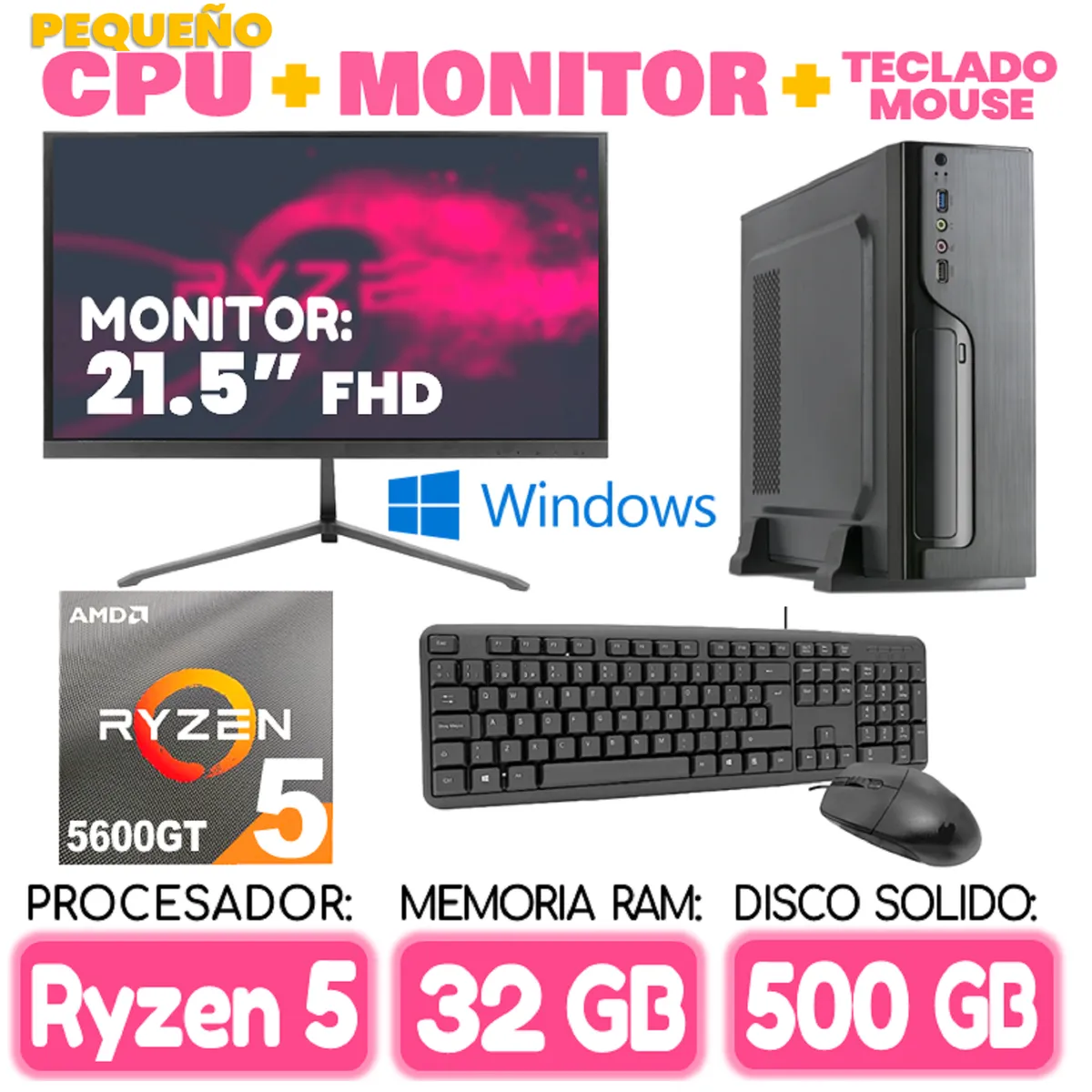 AMD - Computadora MINI PC RYZEN 5 5600GT RAM 32Gb SSD 500Gb pequeño Cpu Monitor Teclad