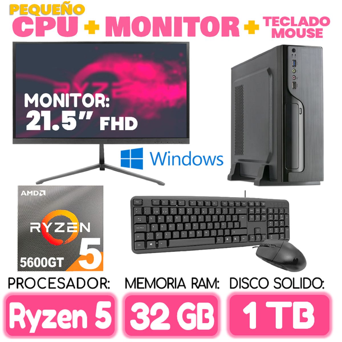 AMD - Computadora MINI PC RYZEN 5 5600GT RAM 32Gb SSD 1Tb pequeño Cpu Monitor Teclad