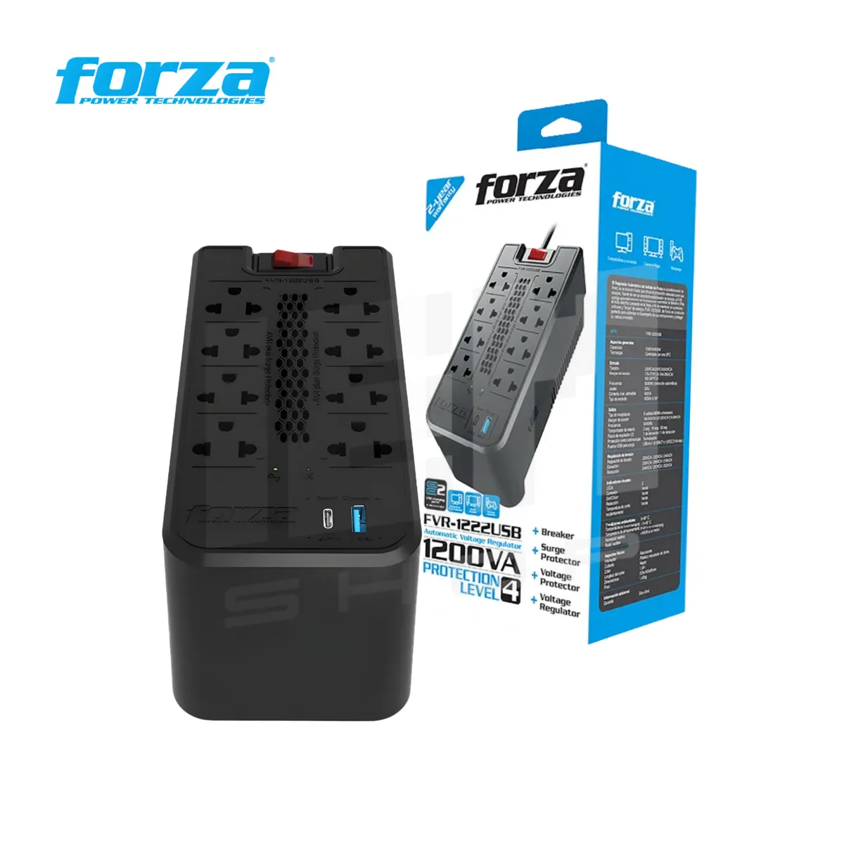 FORZA - Estabilizador De Voltaje Forza FVR-1222 USB 1200va 600w Color Negro