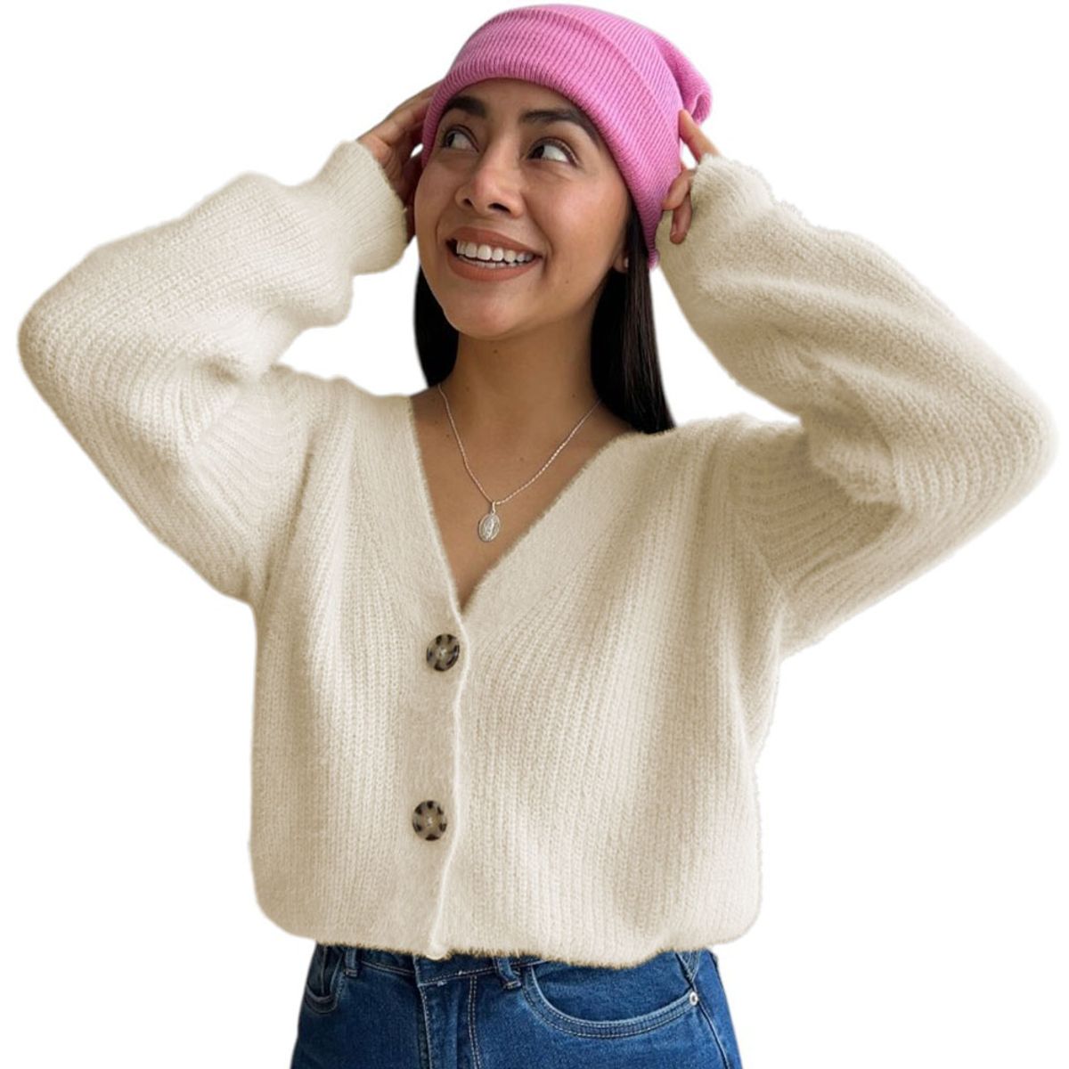 GENERICO - Chompa Mujer Mlarga Botones Moda 359G-25 Color Perla