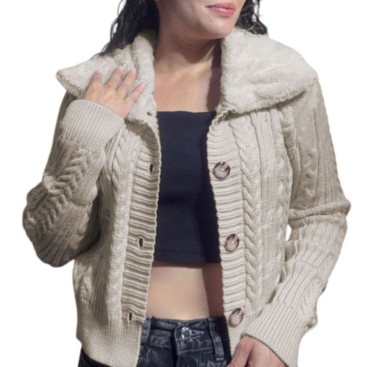 GENERICO - Chompa Mujer Hilo Camisero De Peluche 359G-25 Color Hueso