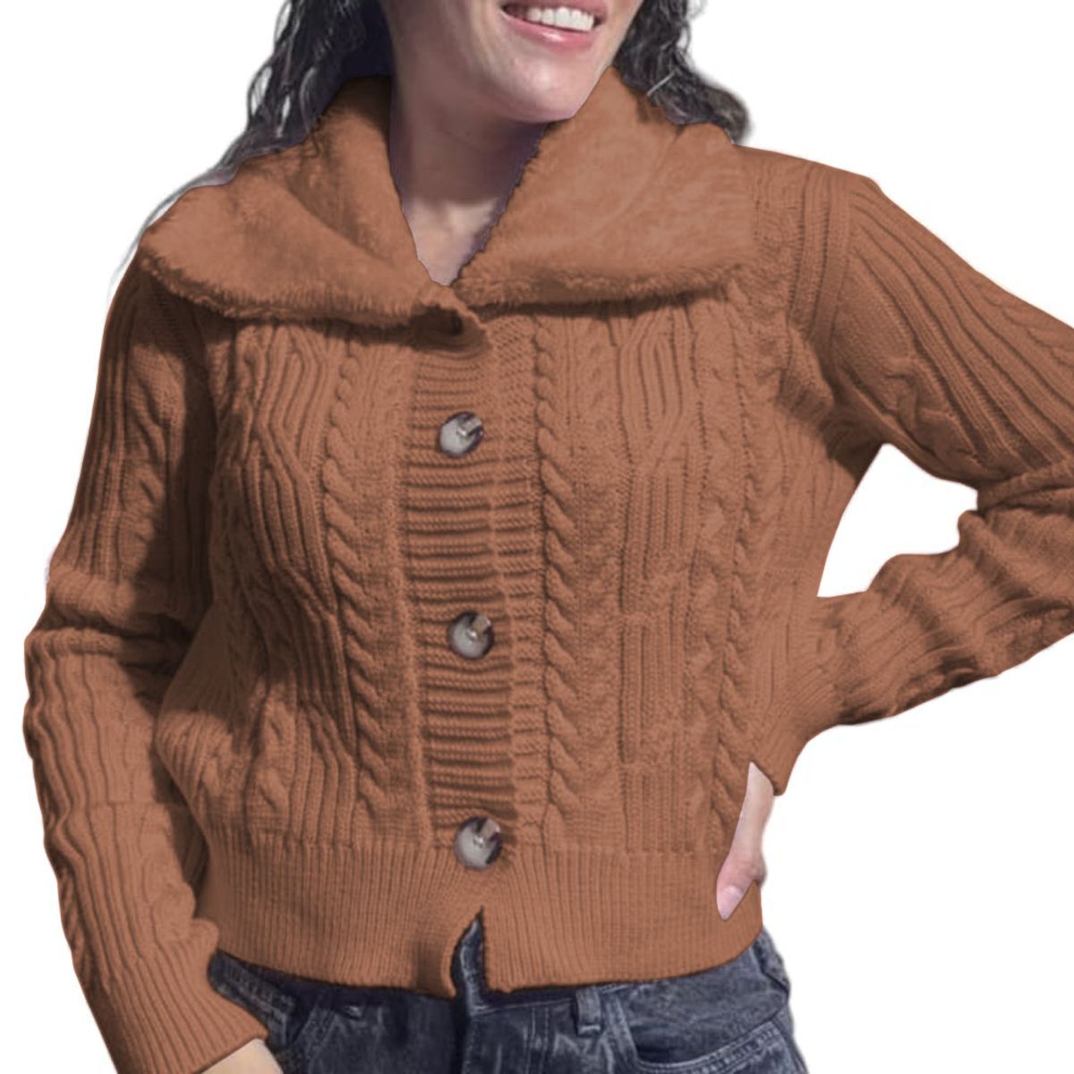 GENERICO - Chompa Mujer Hilo Camisero De Peluche 359G-25 Color Caramelo