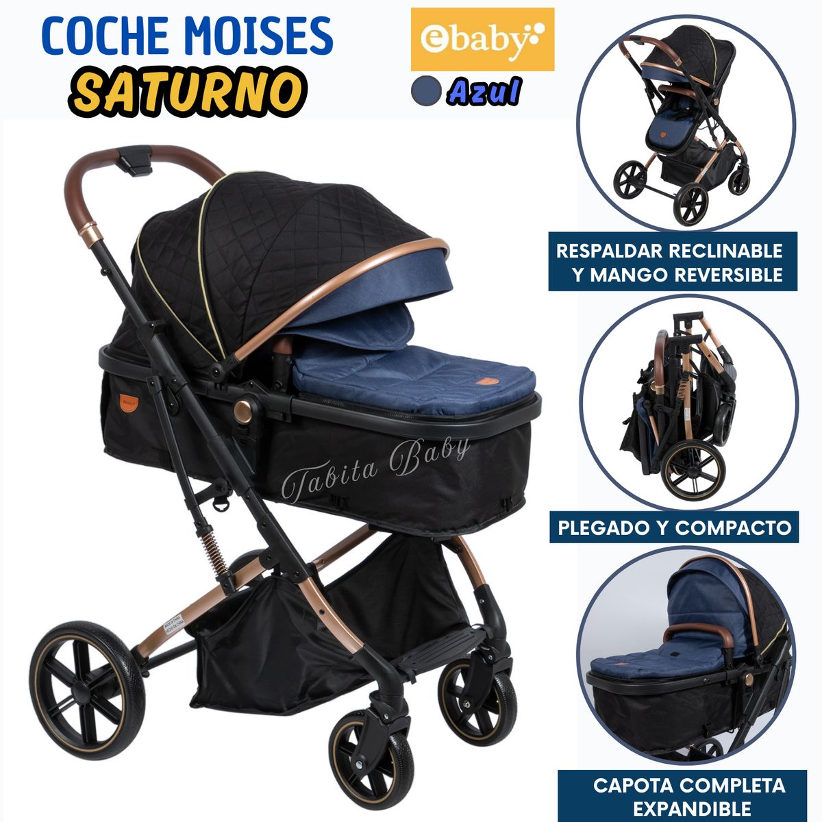 EBABY - Coche Cuna Moisés de Lujo Saturno 126-1 Azul