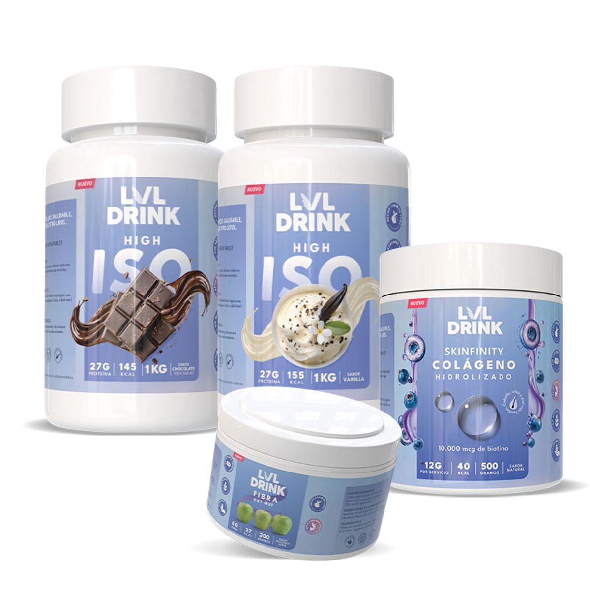 LVLDRINK NUTRITION - Proteína Vainilla y Chocolate Pack x2 + Colágeno Hidrolizado 500g + Fibra 200g Shaker de regalo