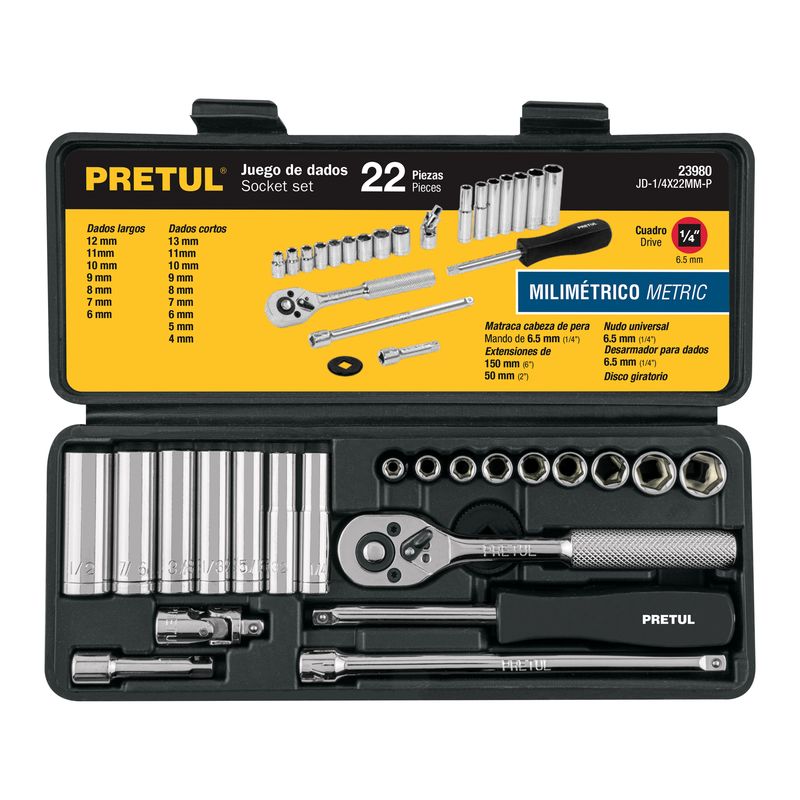 PRETUL - Juego de dados 22 herramientas 1/4" mm para mecánico, Pretul