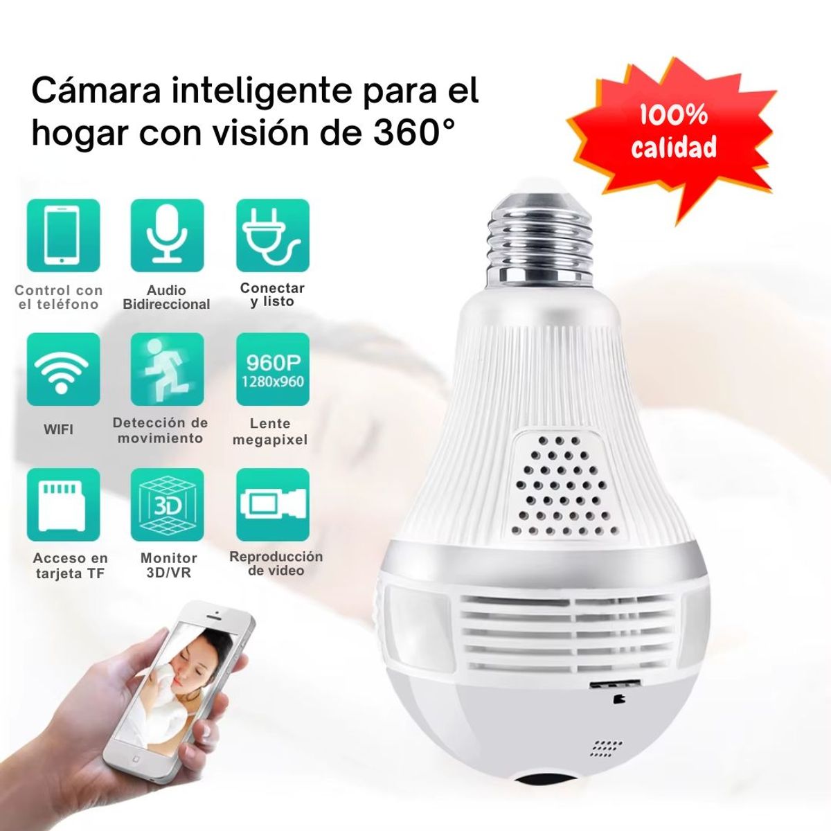 GENERICO - Cámara Foco Panorámica WiFi 360° con Audio Bidireccional y Visión Nocturna