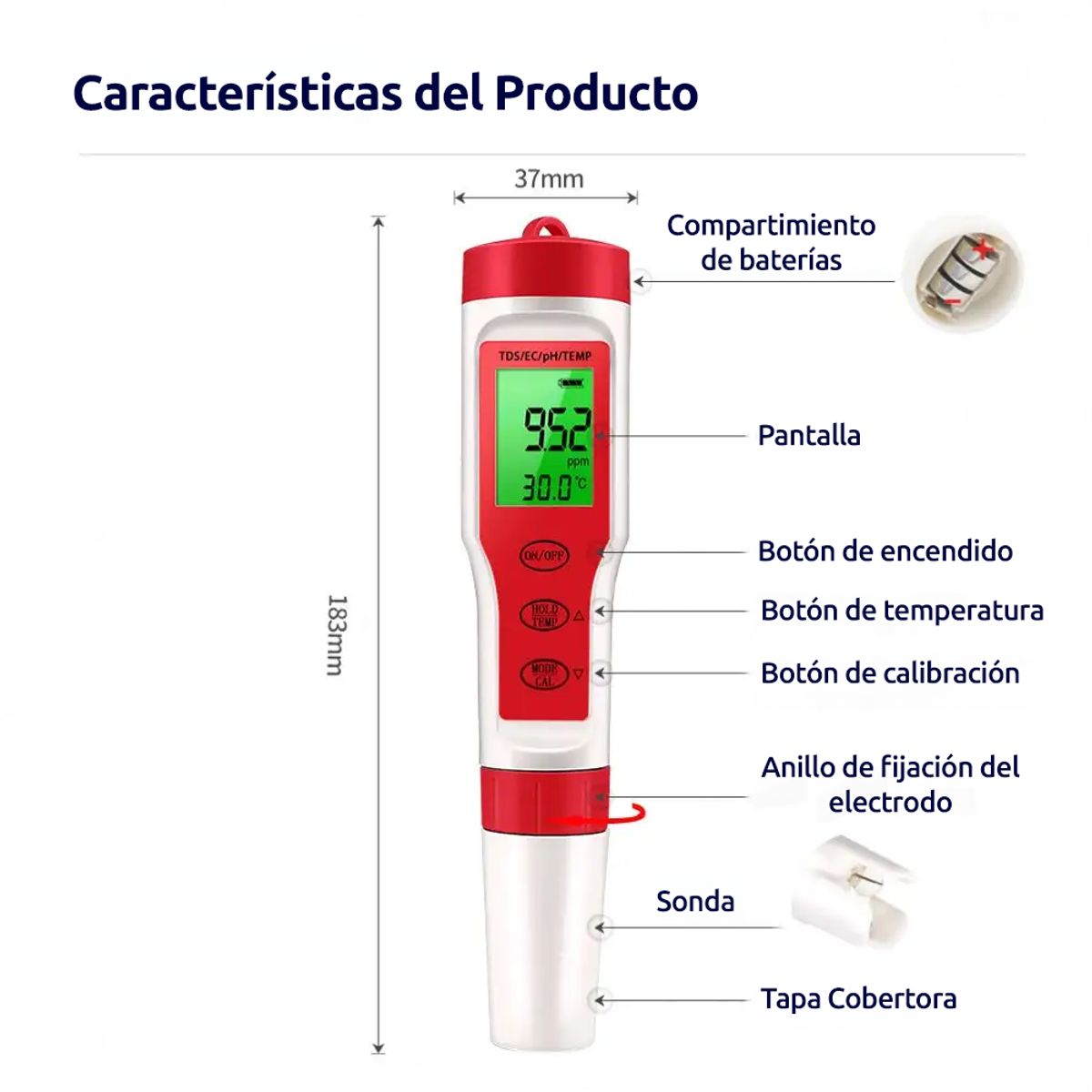 NOYAFA - Medidor calidad de Agua 4 En 1 PH EC TDS Temperatura EZ-9908