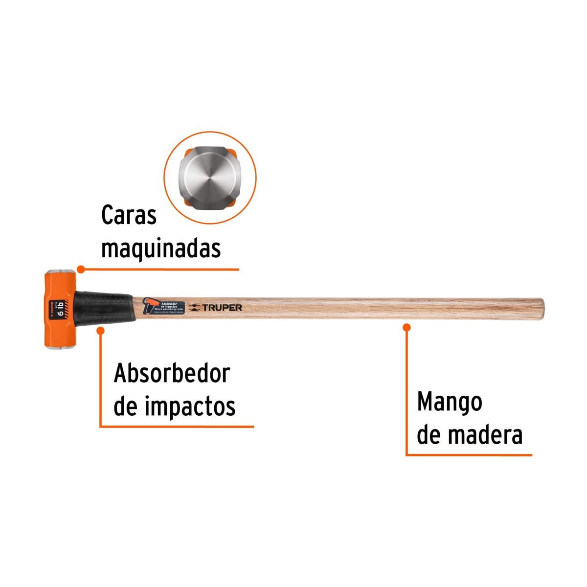 TRUPER - Comba 6 lb (2.7 kg) Octagonal Mango de Madera Largo 16509 Truper