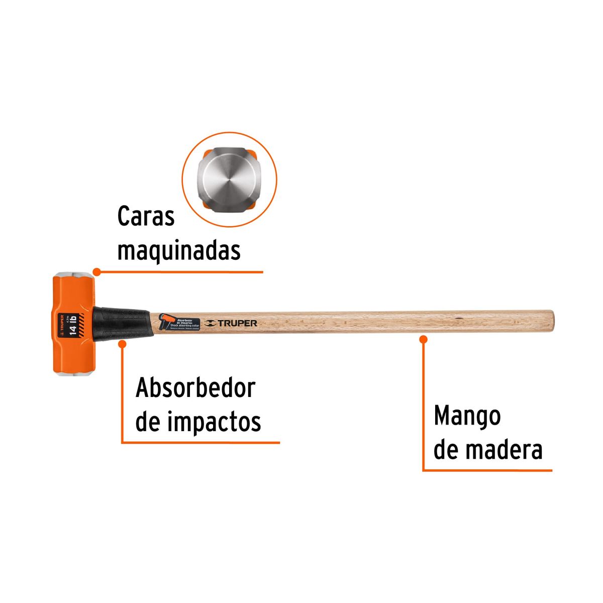 Truper - Comba 14 lb (6.3 kg) Octagonal Mango de Madera Largo 16514 Truper