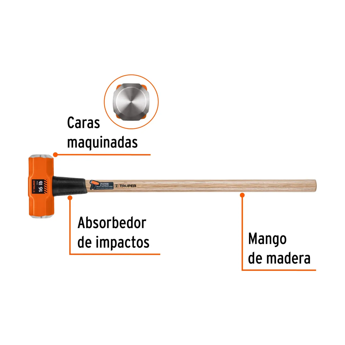 Truper - Comba 16 lb (7.2 kg) Octagonal Mango de Madera Largo 16515 Truper
