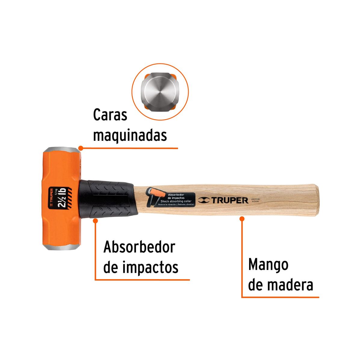 TRUPER - Comba 2.5 lb (1.1 kg) Octagonal Mango de Madera 17045 Truper