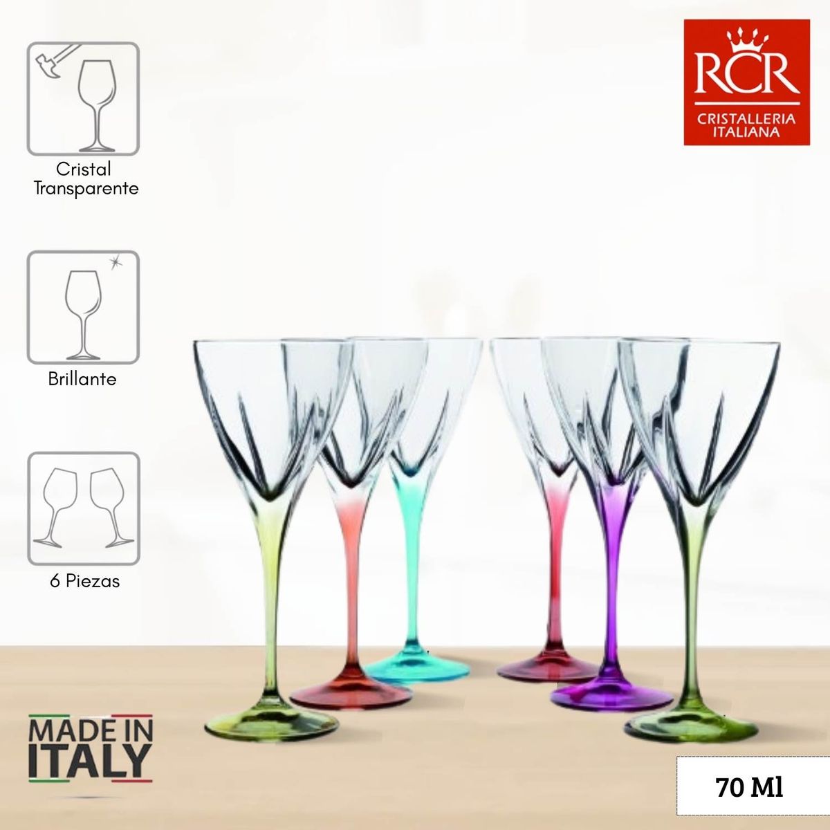 RCR  ITALIA - Copas de Cristal Fusion Color licor RCR 70 ml 6 Piezas