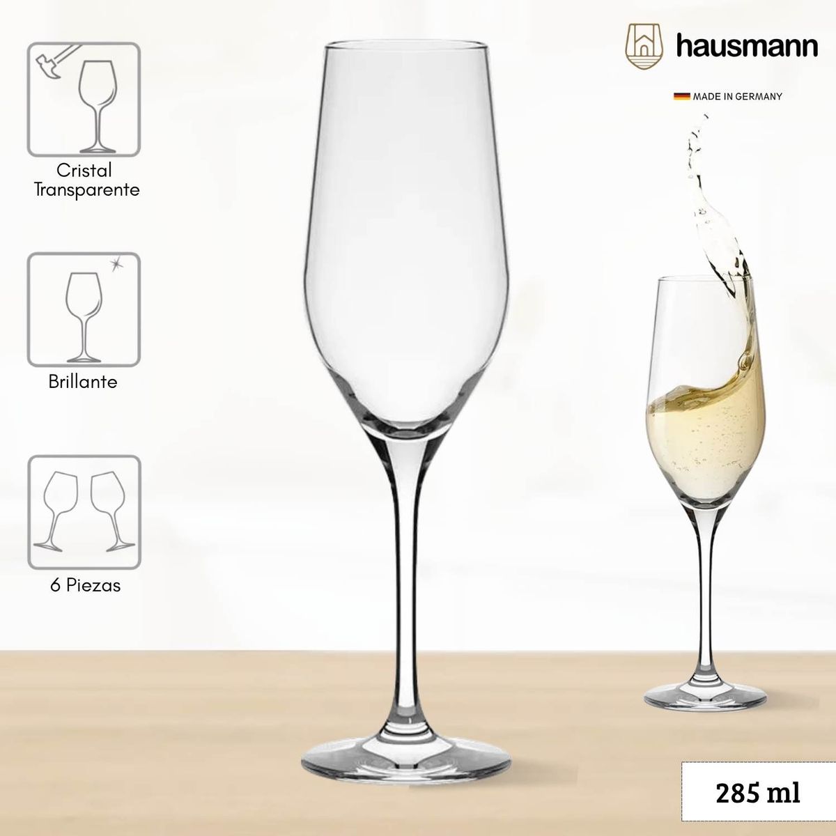 GENERICO - Copa de Cristal Flute Montalcino Valley Champán Hausmann 285 Ml 6 Piezas