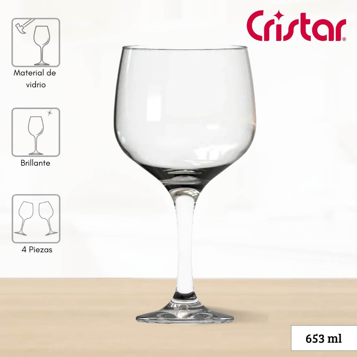 CRISTAR - Copa de Vidrio Can Lisa Ginebra Cristar 653 Ml 4 Piezas