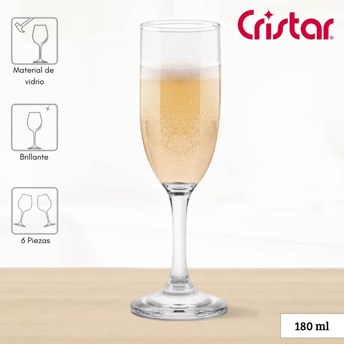 CRISTAR - Copa de Vidrio Aragon Champaña Cristar 170 Ml 6 Piezas