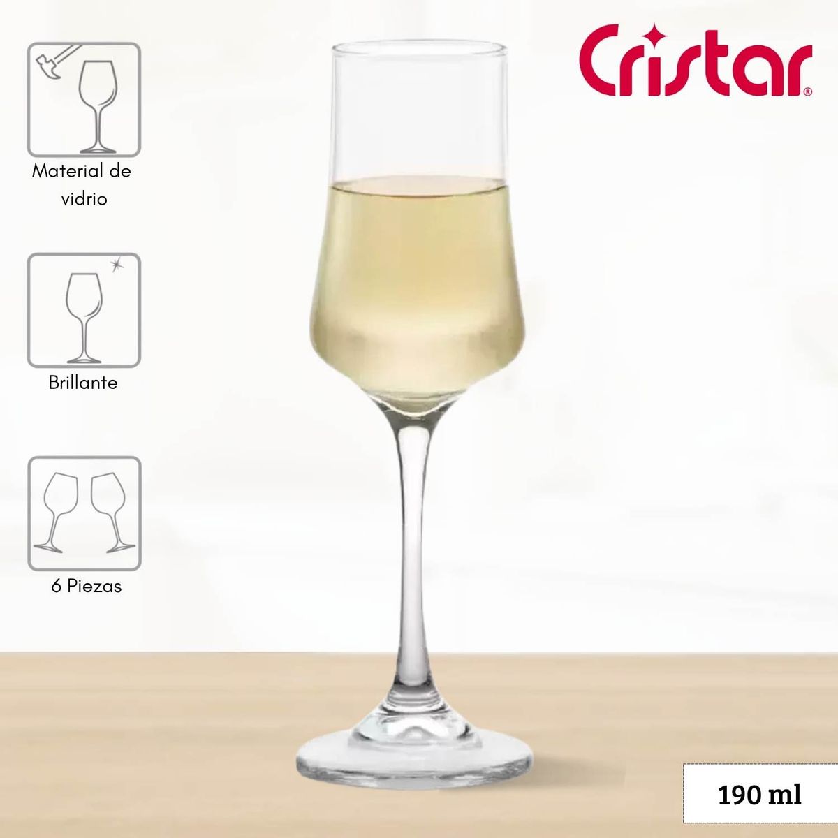 CRISTAR - Copa de Vidrio Bolonia Champaña Cristar 190 Ml 6 Piezas